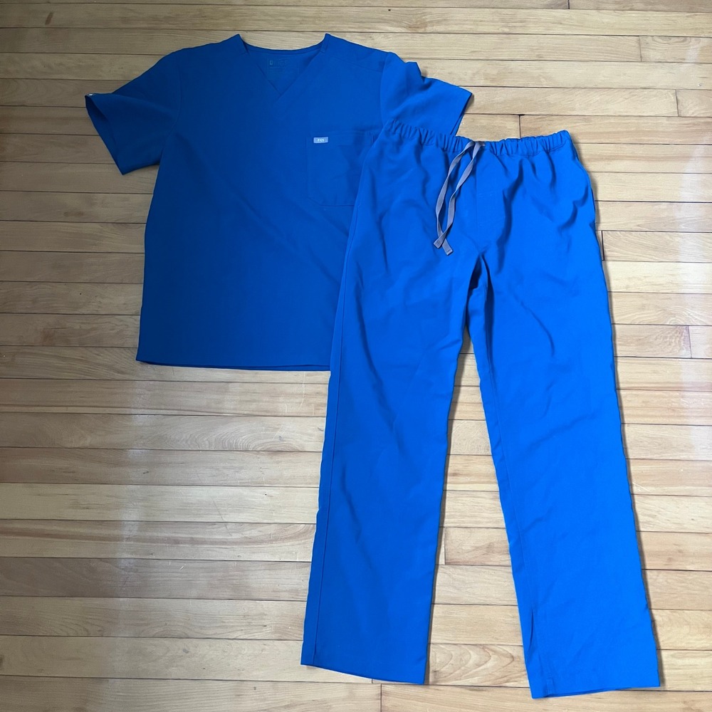 FIGS Mens Technical Collection Scrub Set Royal Blue V-Neck Top & Pants Size M